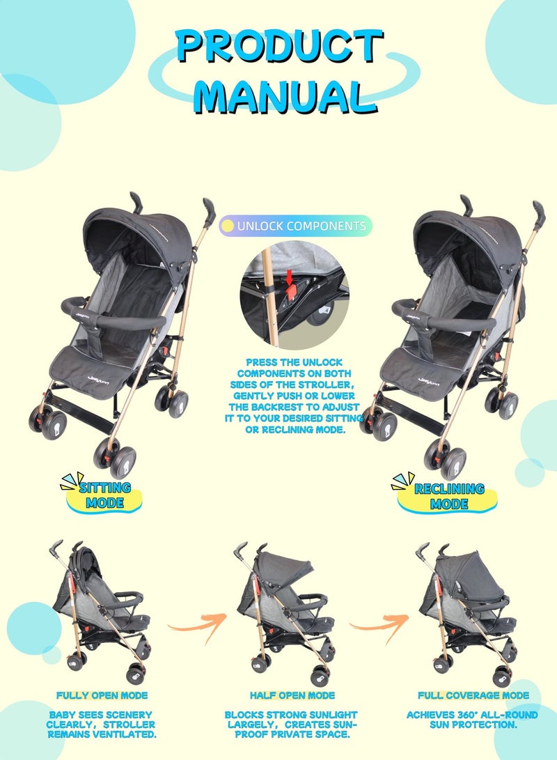 Foldable Ultra Lightweight Travel Stroller with Absorbent Multi Position Reclining Seat Adjustable Canopy Foldable Storage Basket Umbrella Foldable Design NO.1103 - Image 3